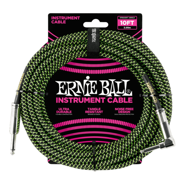 Ernie Ball Braided Instrument Cable - 10 feet, Black/Green