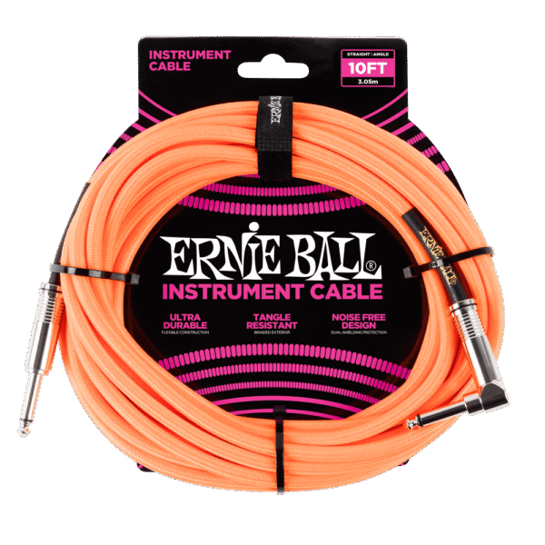 Ernie Ball P06079 Braided Straight to Right Angle Instrument Cable - 10 foot Neon Orange