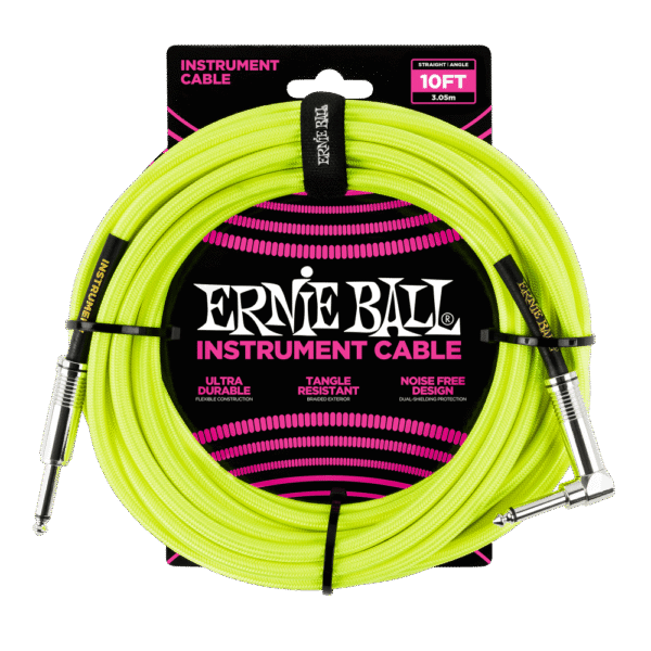 Ernie Ball P06080 Braided Straight to Right Angle Instrument Cable - 10 foot Neon Yellow