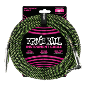 Ernie Ball P06082 Braided Straight to Right Angle Instrument Cable - 18 foot Black/Green