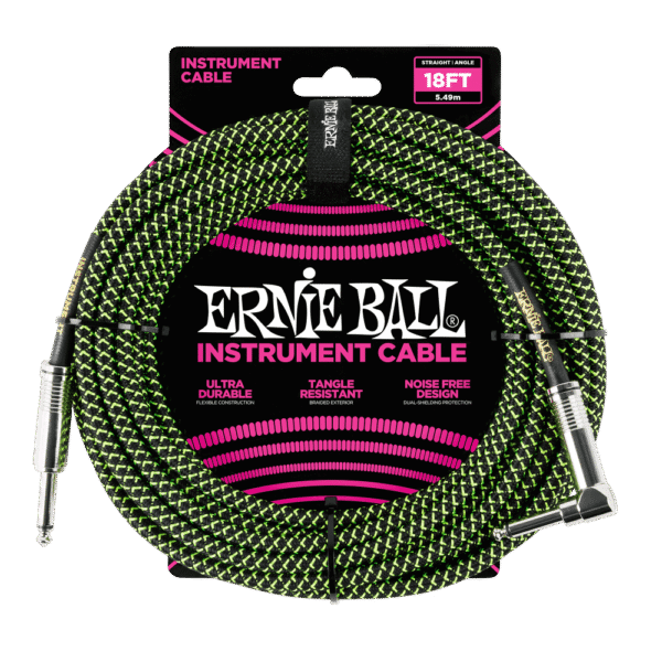 Ernie Ball P06082 Braided Straight to Right Angle Instrument Cable - 18 foot Black/Green