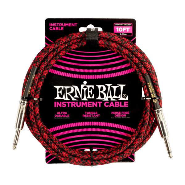 Ernie Ball P06394 Braided Straight to Straight Instrument Cable - 10-foot, Red Black