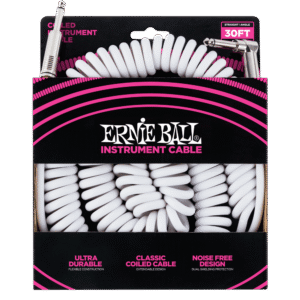 Ernie Ball P06045 Coiled Straight to Right Angle Instrument Cable - 30 foot White