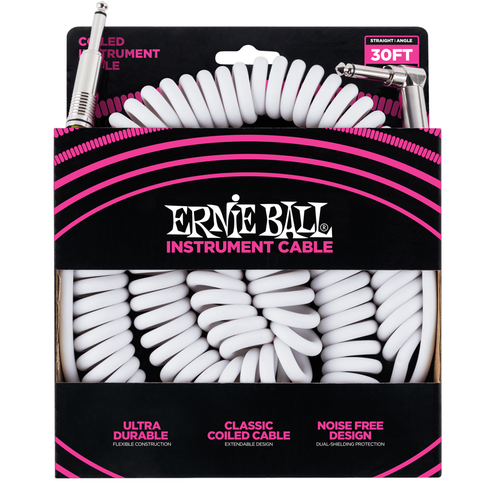 Ernie Ball P06045 Coiled Straight to Right Angle Instrument Cable - 30 foot White
