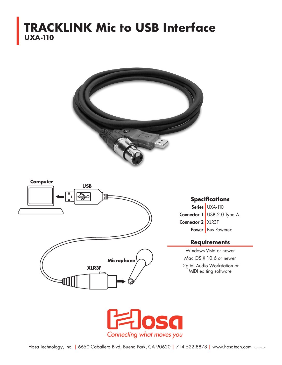 Hosa UXA-110 TRACKLINK Microphone USB Interface - XLR3F to USB Type A - 10 foot - Image 5