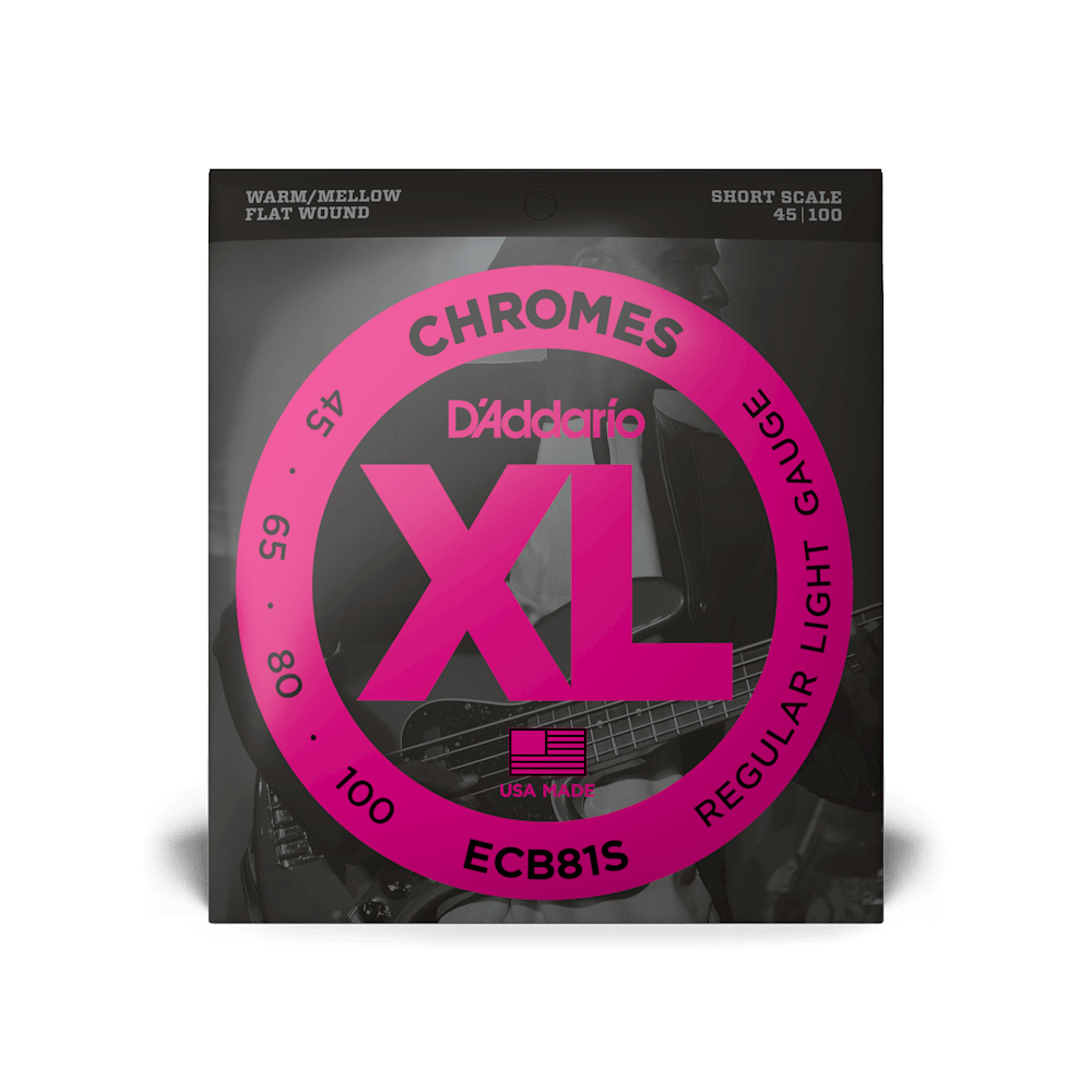 D'Addario XL Chromes Flatwound Bass Guitar Strings -.045-.100 Regular Light, Short Scale